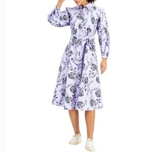 CHARTER CLUB Lavender Fields Floral Long Sleeve Belted Button Down Shirt Dress